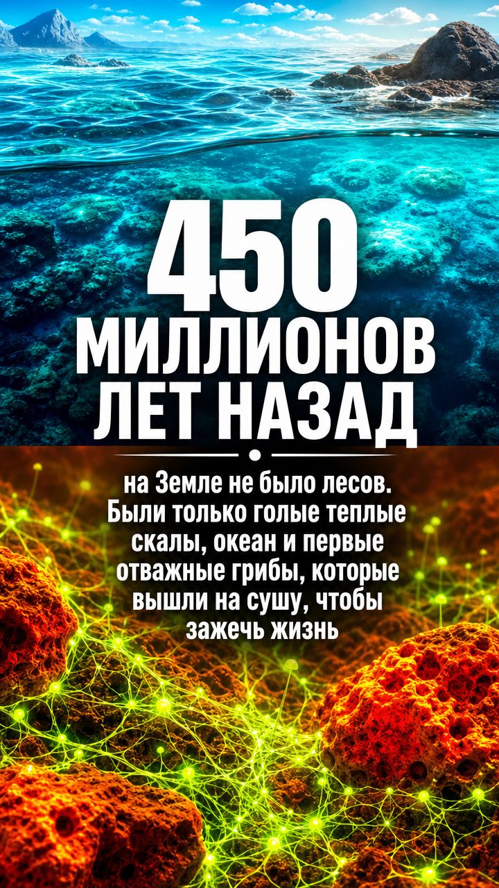 Океан и голые скалы с первыми грибными нитями, 450 миллионов лет назад